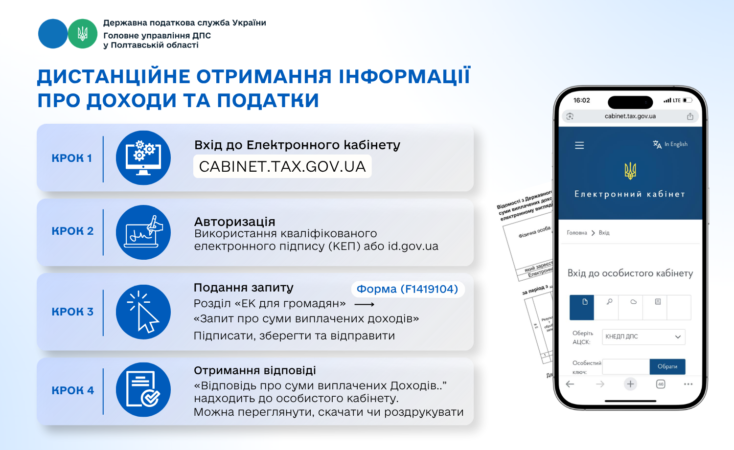 Як дистанційно отримати інформацію про джерела/суми нарахованого доходу, нарахованого (перерахованого) податку та військового збору?